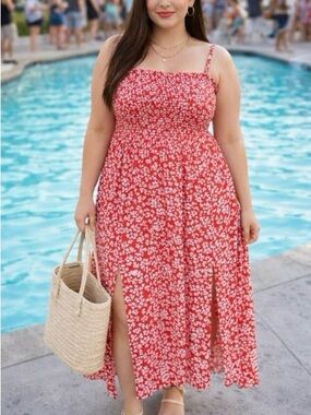 NWOT Plus Size Red Floral Smocked Maxi Dress with Front Slits